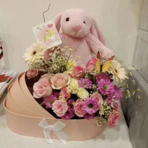Baby girl flower basket with gerberas, spray roses, chrysanthemums, baby’s breath, and asters