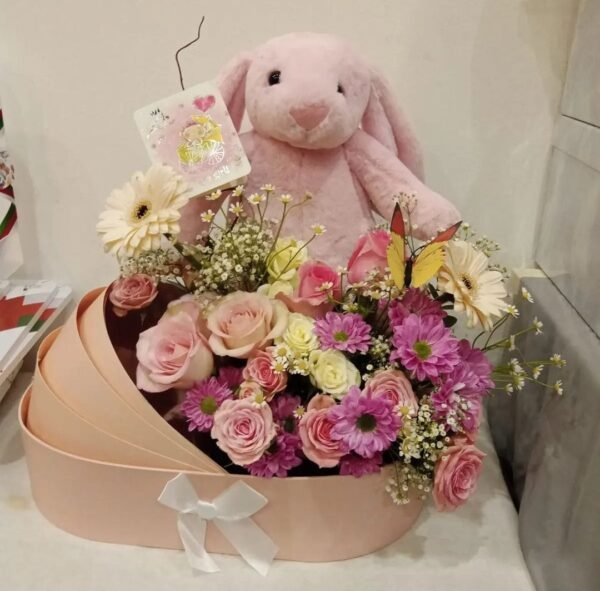 Baby girl flower basket with gerberas, spray roses, chrysanthemums, baby’s breath, and asters