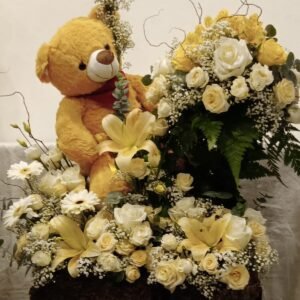 Big size stand: lily,rose,lisanthus,baby rose,alstromeria,gerbera,babys breath, eucaplytus, fern, teddy bear
