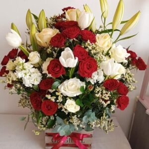 Large wooden crate with lilies, tulips, roses, and eucalyptus – MuscatFnC
