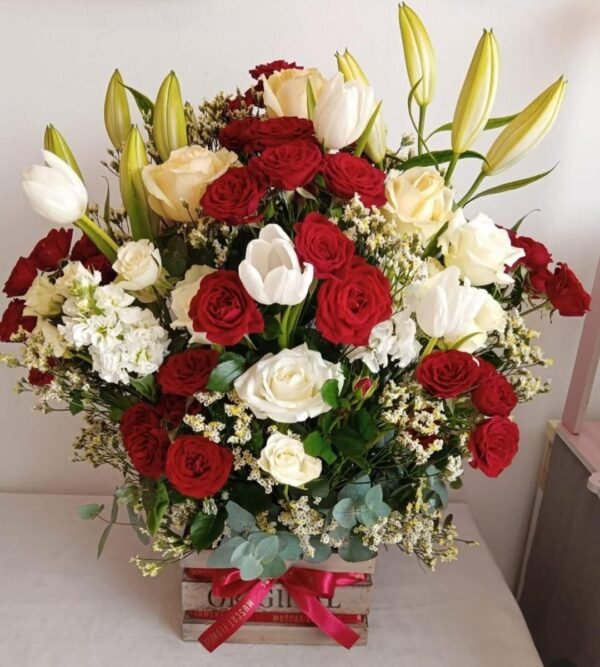 Large wooden crate with lilies, tulips, roses, and eucalyptus – MuscatFnC