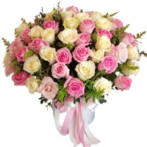 Large wooden flower basket with colorful roses, carnations, and greens – MuscatFnC