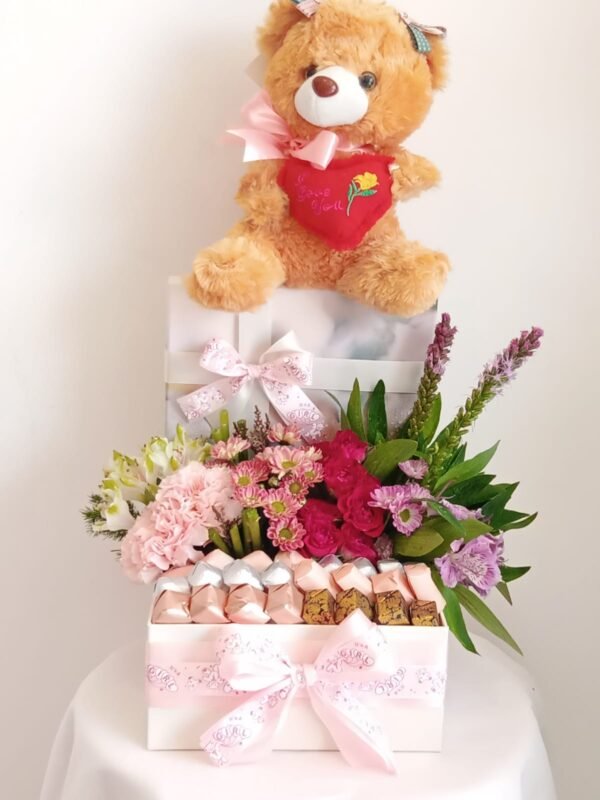 Medium flower box with carnations, spray roses, teddy bear, and chocolate – MuscatFnC