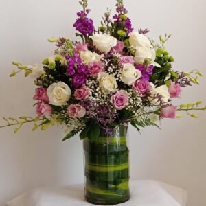 Medium vase arrangement with roses, orchids, greenery and baby’s breath – MuscatFnC
